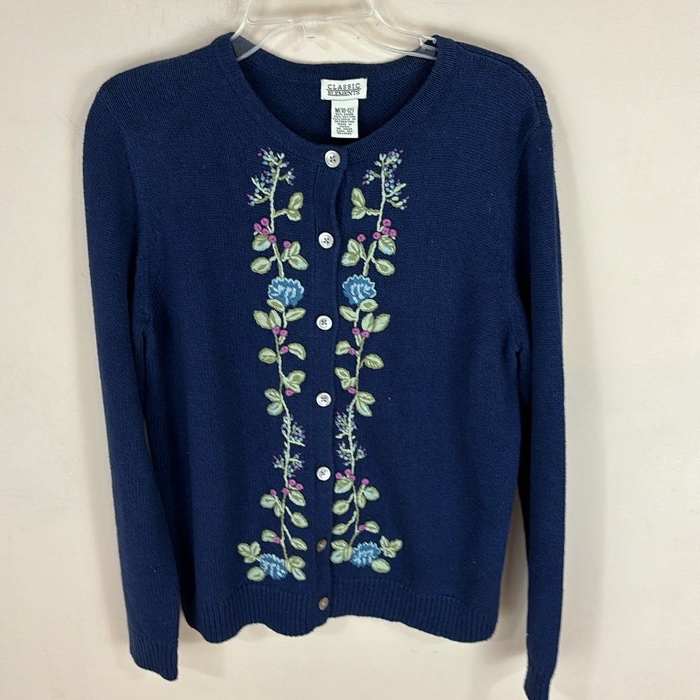 Vintage Classic Elements Navy Embroidered Cardigan Sweater Size Medium